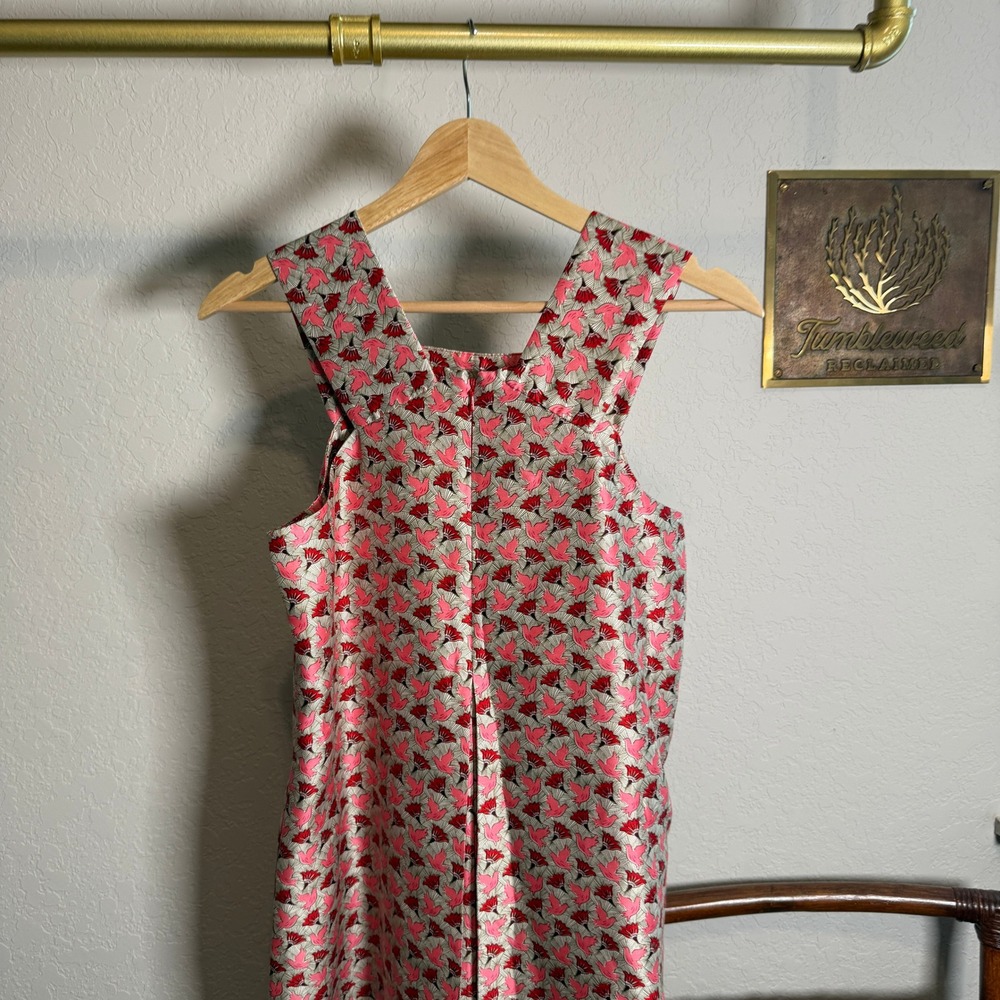 Tory Burch Pink Red Bird Floral 100% Silk Shift Dress Size 4 12151415 Sleeveless - Picture 7 of 10